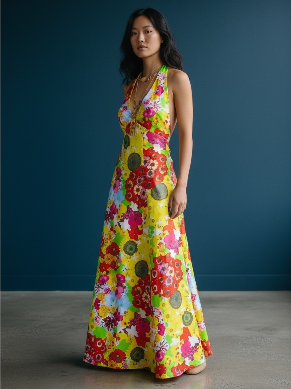 Vintage 70s Psychedelic Floral Backless Maxi Halter Dress | S M